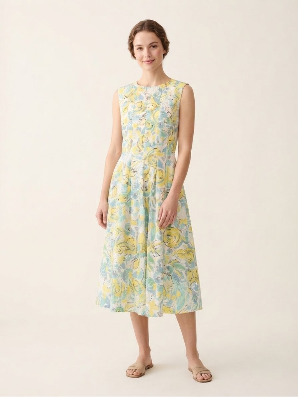 Sleeveless Floral Midi Dress in Yellow and Light Blue